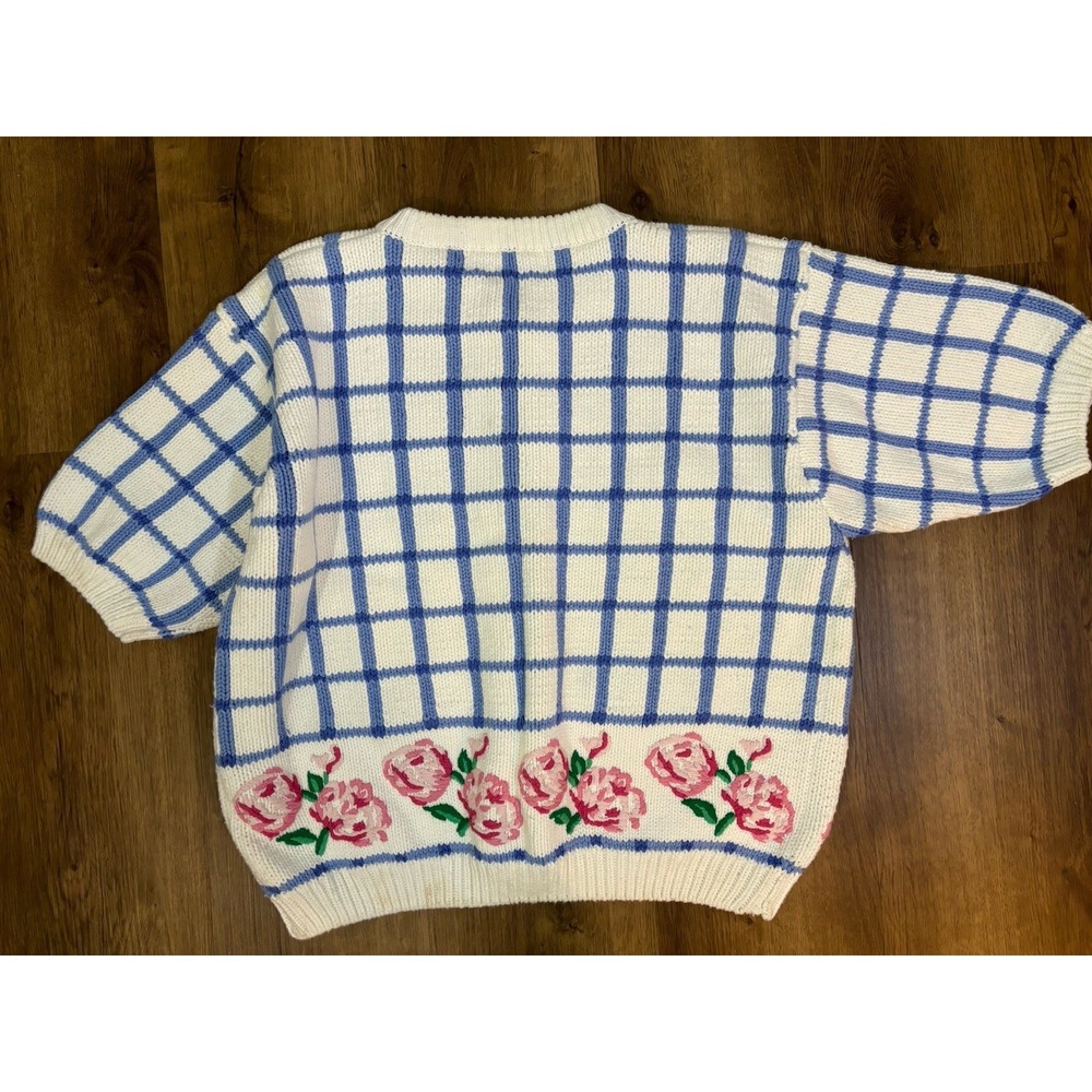 VTG All Week Long Chunky Cotton Rose Embroidered Cardigan Sweater L Cottage Core - Picture 4 of 4